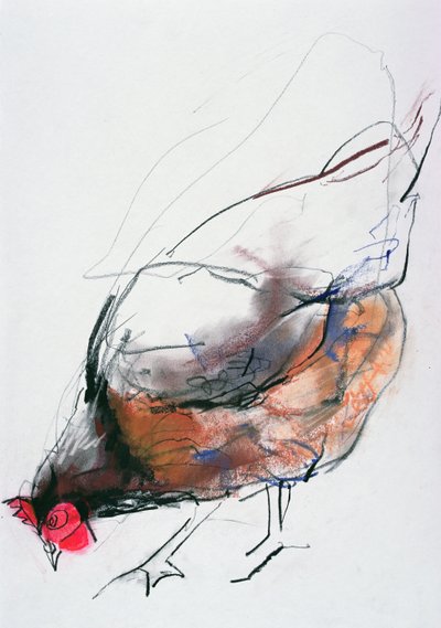Feeding Hen, Trasierra, 1998 (grafiitti, konte ja puuhiili paperilla) tekijältä Mark Adlington
