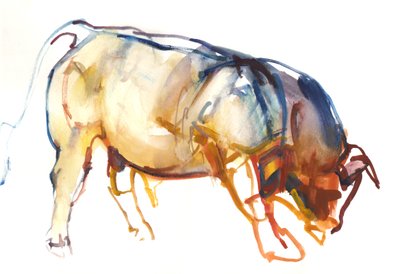 Little Bull, 2010, (akvarelli ja guassi paperille) tekijältä Mark Adlington