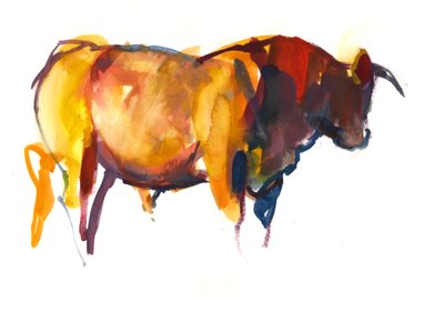 Sunset Bull, 2010 (akvarelli ja guassi paperille) tekijältä Mark Adlington