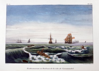 Lautta Coromandelin rannikolla Intiassa, 1828. tekijältä Marlet et Cie