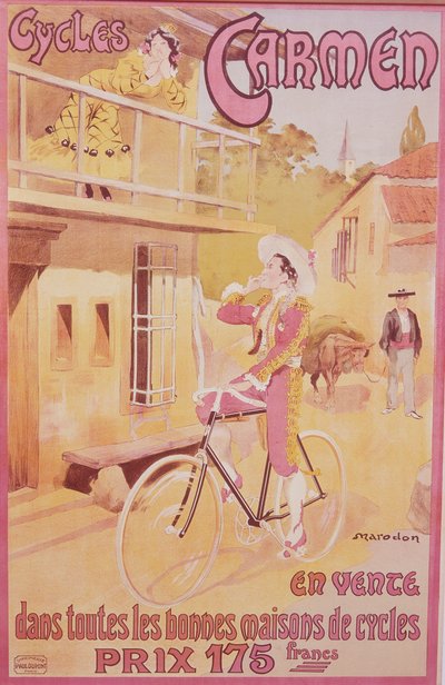 Carmen-polkupyöriä mainostava juliste, 1800-luvun loppu - 1900-luvun alku tekijältä Marodon