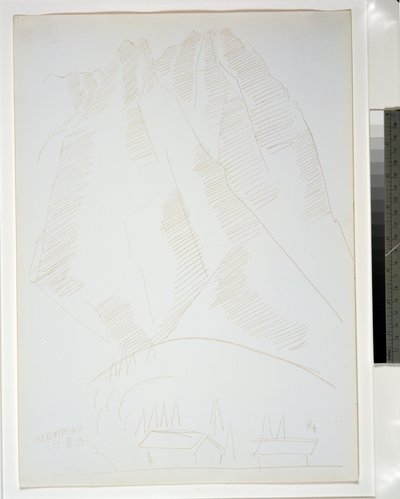 Vuoristomaisema, jossa kaksi rakennusta etualalla tekijältä Marsden Hartley