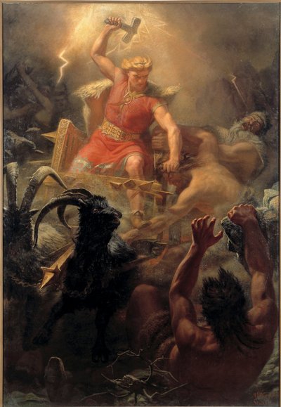 Le Comat de Thor (Tor) avec les Geants - Thorin taistelu jättiläisten kanssa - Siipi, Marten Eskil (1825-1896) - 1872 - Öljy kankaalle - 484x333 - Tukholman kansallismuseo tekijältä Mårten Eskil Winge