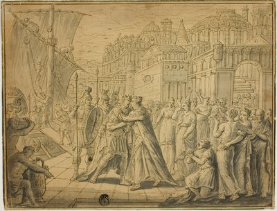 Dido ja Aeneas syleilemässä Karthagon porttien edessä tekijältä Marten de Vos