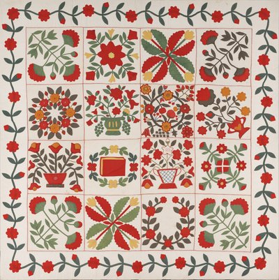 "Album Quilt", Baltimore, Maryland, n. 1861 (puuvillaa, silkkiä ja villaa) tekijältä Martha E. Keech