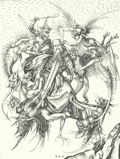 Pyhän Anthonyn kiusaus (kaiverrus) tekijältä Martin (after) Schongauer