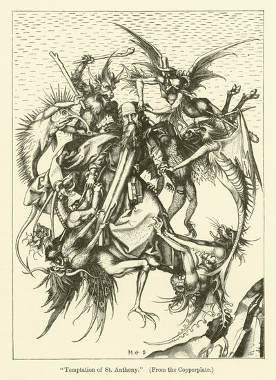 Pyhän Antoniuksen kiusaus (kaiverrus) tekijältä Martin (after) Schongauer