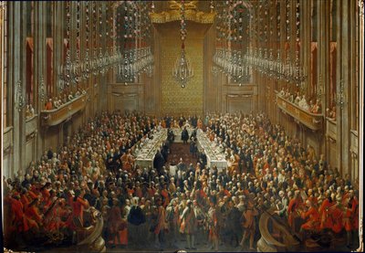 Juhlatilaisuus keisari Joseph II:n ja Isabellan Parman häiden yhteydessä 6.10.1760. Mozart seisoo orkesterissa tekijältä Martin (and studio) Mytens or Meytens