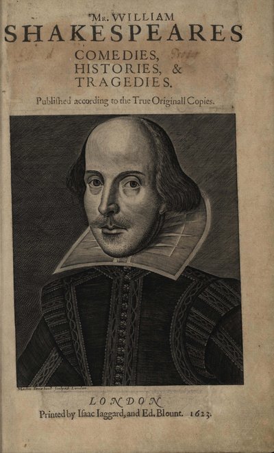Ensimmäisen Shakespearen folion nimilehti, 1623 tekijältä Martin Droeshout