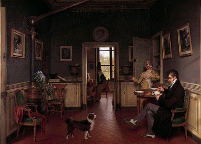 Sisäkuva ruokasalista vuonna 1815 Tohvelissa pukeutunut mies syö aamiaisensa koiran silmien edessä. Martin Drollingin (1752-1817) maalaus tekijältä Martin Drölling