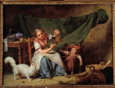Nainen ja hiiri Tyttö pitää hiiren sieppaajaa kissan ja vauvan edessä. Martin Drollingin (1752-1817) maalaus 1798 su. 0,25x0,35 m Orleans. Kuvataidemuseo tekijältä Martin Drölling