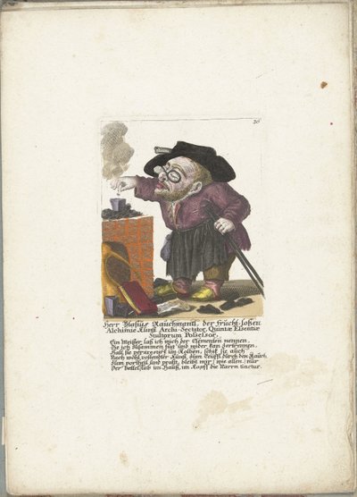 De werg Blasius Rauchmantl als alkemisti, n. 1710 Herr Blasius Rauchmantl, der frucht-loßen Alchimie kunst arkkilahkolainen, tyhmien viidennen olemuksen haltija (otsikko esineessä) Il Callotto resurcitato oder Neu eingrichtes Zwerchen Cabinet (sarja ti tekijältä Martin Engelbrecht (attributed to)