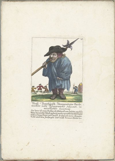 Dwerg Blassl Broatgosch, noin 1710 Blassl Broatgosch Jurassic Night Watchman ja Rumorwachs Adjunct, todellisessa toiminnassa (otsikko esineessä) Il Callotto resurcitato tai vastikään kalustettu pieni kaappi (sarjan nimi) tekijältä Martin Engelbrecht (attributed to)