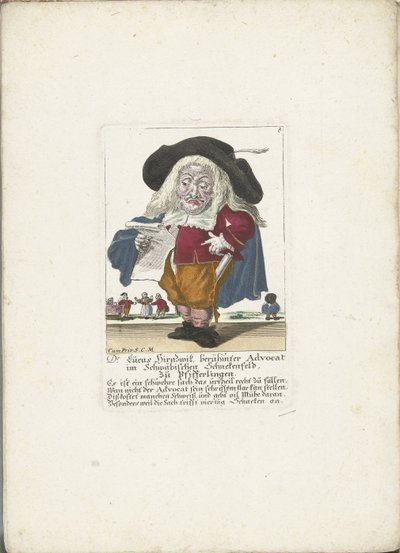 De dwerg Lucas Hirnzwik een advocaatina, noin 1710 DR Lucas Hirnzwik, kuuluisa puolestapuhuja Swabian Schnekenfeldissä, kantarelleja (nimi esineessä) Il Callotto resurcitato tai vastikään kalustettu pieni kaappi (sarjan nimi) tekijältä Martin Engelbrecht (attributed to)