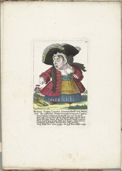De dwerg Madame Sophia Luxuria, noin 1710 Madame Sophia Luxuria, kenraali Staabin vartalonpesija leikatussa, ilmaisessa Granatir-Companie Capitanassa (nimi esineessä) Il Callotto resurcitato tai vastikään kalustettu pieni kaappi (sarjan nimi) tekijältä Martin Engelbrecht (attributed to)