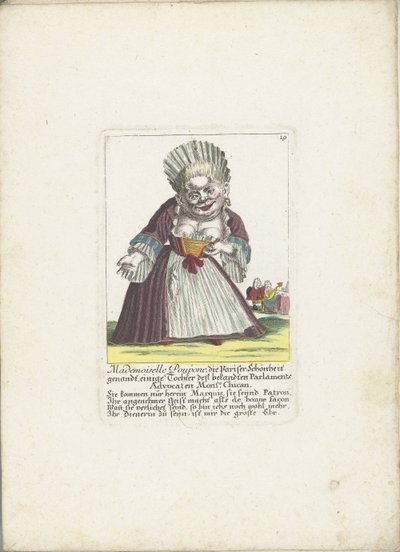 De dwerg Mademoiselle Poupon, nimellä Parijse Schone, noin 1710 Mademoiselle Poupone, pariisilainen kaunotar, tunnetun parlamentin asianajajan tytär. Chican (otsikko esineessä) Il Callotto resurcitato tai vastikään kalustettu Zwerchen-mökki tekijältä Martin Engelbrecht (attributed to)