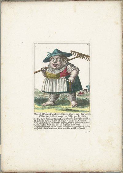 Kääpiö Margl Woltzenthoulerin, n. 1710 Margl Woltzenthoulerin, Mayr-Thirn auff der grossn Olbm im Zillersberg, 12. Jährige Brauth (otsikko esineessä) Il Callotto resurcitato tai hiljattain nimitetty Zwerchen Cabinet (sarjan nimi) tekijältä Martin Engelbrecht (attributed to)