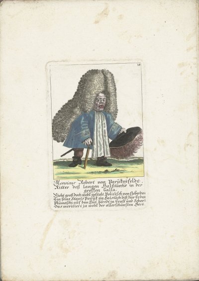 De dwerg Robert von Parukenfeldt, noin 1710 Monsieur Robert von Parukenfeldt, Pitkän kaulakankaan ritari Suuressa Gallassa (otsikko esineessä) Il Callotto resurcitato tai vastikään kalustettu pieni kaappi (sarjan nimi) tekijältä Martin Engelbrecht (attributed to)