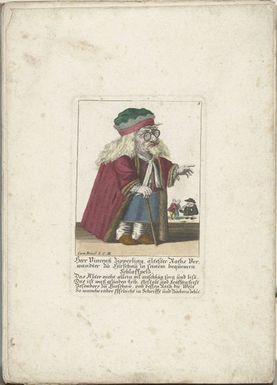 Dwerg Vincentz Zipperling in een bontjas, noin 1710 Herr Vincentz Zipperling, Rathin vanhin sukulainen Hirschaussa, mukavassa löyhässä takkissaan (nimi esineessä) Il Callotto resurcitato tai vastikään kalustettu pieni kaappi (sarjan nimi) tekijältä Martin Engelbrecht (attributed to)