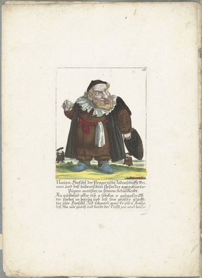 Joodse dwerg Natan Hirschl, noin 1710 Natan Hirschl, Prahan juutalaisen kädellinen ja Hoebrain lain hyväksymä Püpen-maister kouluvaatteissaan (nimi esineessä) Il Callotto resurcitato tai vastikään kalustettu Zwerchen-kaappi (se tekijältä Martin Engelbrecht (attributed to)