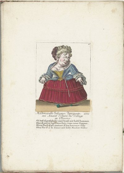 Dwerg als de Franse Mademoiselle Jolicoeur, n. 1710 Mademoiselle Jolicoeur, tanssija rakastajansa kanssa Provencen Opera du Villagessa (otsikko esineessä) Il Callotto resurcitato oder Neu eigerichtes Zwerchen Cabinet (sarjan nimi) tekijältä Martin Engelbrecht (attributed to)