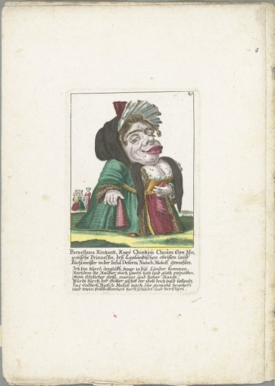 Karikatyyri Porzellana Kinkankista Porzellana Kinkank, Kuey Chinkim Choâm Mogolilainen prinsessa, Lapin maa vallattu Kuchlmeister Desertan saarella Nutsch Moloff, vaimo (nimi esineessä) Il Callotto resurcitato tai Refurnished tekijältä Martin Engelbrecht (attributed to)