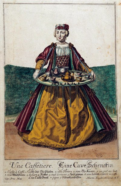 Kahvinkeitin: nuori nainen kantaa tarjotinta, jossa on kahvitarjoilu. Kaiverrus Martin Engelbrecht (1684-1756) 1700-luku. Pariisi, koristetaide tekijältä Martin Engelbrecht