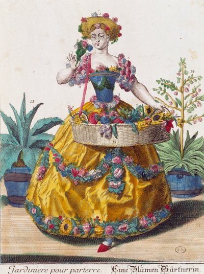Puutarhuri, kaiverrus Martin Engelbrechtin (1684-1756) Assemblage des nouveau manouvries habilles -julkaisusta tekijältä Martin Engelbrecht