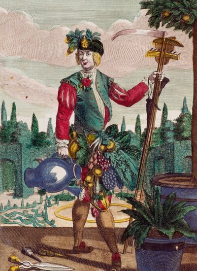 Puutarhuri, kaiverrus Martin Engelbrechtin (1684-1756) Assemblage des nouveau manouvries habilles -julkaisusta tekijältä Martin Engelbrecht