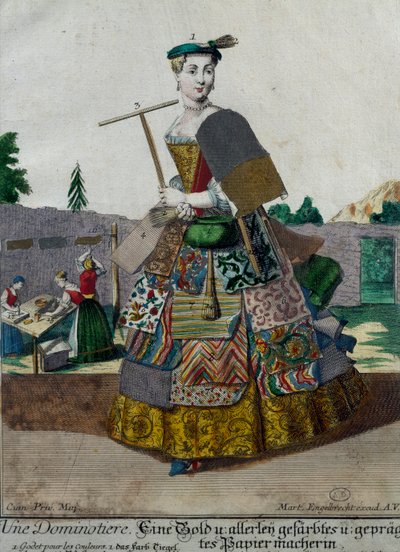 Värillisten papereiden valmistaja, kaiverrus Assemblage des nouveau manouvries habilles Martin Engelbrecht (1684-1756), Saksa tekijältä Martin Engelbrecht