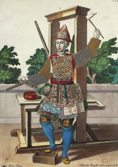 Värillisten papereiden valmistaja, kaiverrus Assemblage des nouveau manouvries habilles Martin Engelbrechtistä (1684-1756), Saksa tekijältä Martin Engelbrecht