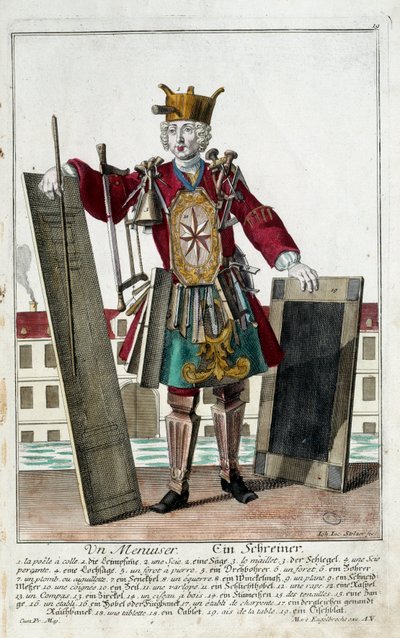 Työntekijä: Puuseppä. Kaiverrus Martin Engelbrecht (1684-1756), "" Uusi kokoonpano of the manouvries habilles"" 17th century, Saksa. Pariisi, koristetaide tekijältä Martin Engelbrecht