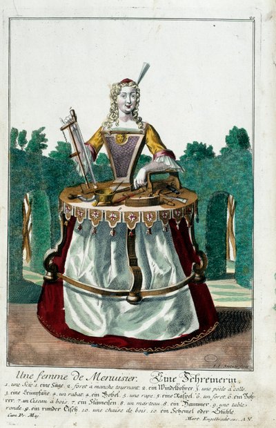 Metier: Puusepän vaimo. Kaiverrus Martin Engelbrecht (1684-1756), "" Uusi kokoonpano of the manouvries habilles"" 17th century, Saksa. Pariisi, koristetaide tekijältä Martin Engelbrecht