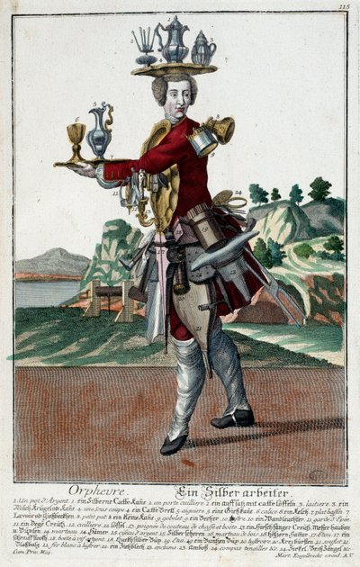 Metier: Kultakala. Martin Engelbrechtin (1684-1756) kaiverrus, teoksessa "New assembly of the manouvries habilles" 18. vuosisata, Saksa. Pariisi, koristeellinen taide tekijältä Martin Engelbrecht