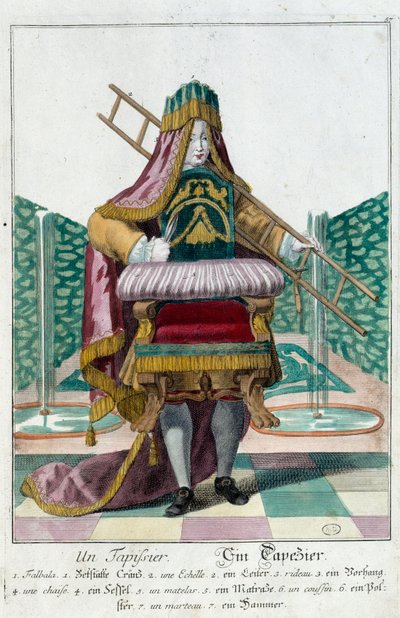 Koko: Verhoilu. Kaiverrus Martin Engelbrecht (1684-1756), "" Uusi kokoonpano of the manouvries habilles"" 17th century, Saksa. Pariisi, koristetaide tekijältä Martin Engelbrecht