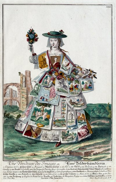 Metier: Kuvamyyjä. Kaiverrus Martin Engelbrecht (1684-1756), "" Uusi kokoonpano of the manouvries habilles"" 17th century, Saksa. Pariisi, koristetaide tekijältä Martin Engelbrecht
