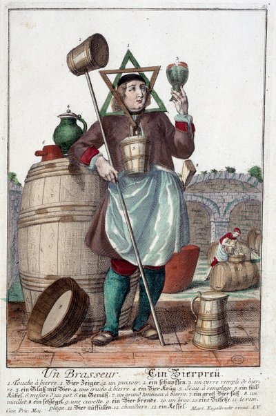 Panimon esitys suihkulähteellä, lasilla, kannulla, ämpärillä, tynnyrillä, nuijalla, kulholla, brocilla, kattilalla. Kaiverrus Martin Engelbrecht (1684-1756) tekijältä Martin Engelbrecht