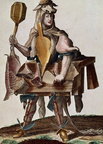 Teurastaja, kaiverrus Assemblage des nouveau manouvries habilles Martin Engelbrechtistä (1684-1756), Saksa tekijältä Martin Engelbrecht