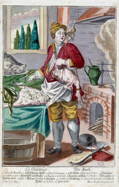 Kokki. Kaiverrus Martin Engelbrecht (1684-1756), "" Uusi kokoonpano of the manouvries habilles"" 17th century, Saksa. Pariisi, koristetaide tekijältä Martin Engelbrecht