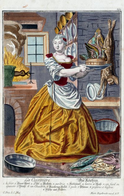 Kokki. Kaiverrus Martin Engelbrecht (1684-1756), "" Uusi kokoonpano of the manouvries habilles"" 17th century, Saksa. Pariisi, koristetaide tekijältä Martin Engelbrecht