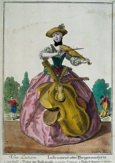 Une Lutiere, Lutisti alttoviululla, sellolla ja viululla, kirjoittanut Martin Engelbrecht (1684-1756), väriprintti, Ranska tekijältä Martin Engelbrecht