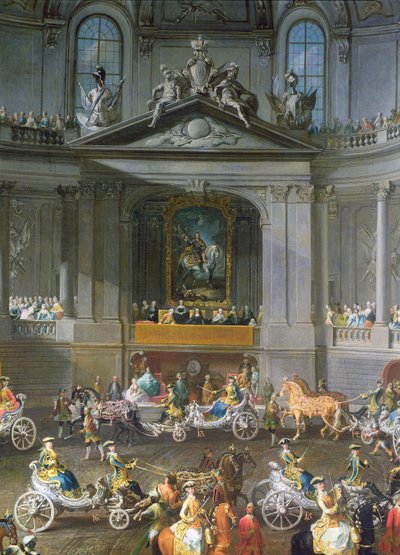 Wienin hovin talviratsastuskoulun kavalkadi Ranskan armeijan Prahassa tapahtuneen tappion kunniaksi, jossa on keisari Kaarle VI:n ratsastajakuva, 1743, yksityiskohta kuvasta 67400, katso myös 665. tekijältä Martin II Mytens or Meytens
