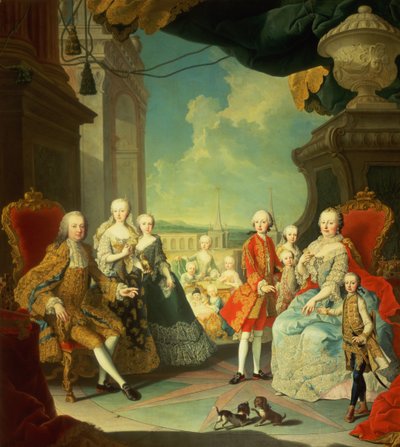 Maria Theresa ja hänen miehensä portaissa, jotka johtavat Schloss Schonbrunnin suuresta salista suurelle pihalle, lastensa Joosef II, Karl, Leopold II, Ferdinand, Mariana, Elizabet kanssa tekijältä Martin II Mytens or Meytens