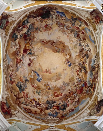 Näkymä Martin Knollerin (1725-1804) freskoista, jotka koristavat Ulrichin ja Afran benediktiiniläisluostarin kupolia. Neresheim, Saksa. Keskellä pyhää kolminaisuutta: Jeesus Kristus, Jumala ja Pyhän Hengen kyyhkynen tekijältä Martin Knoller
