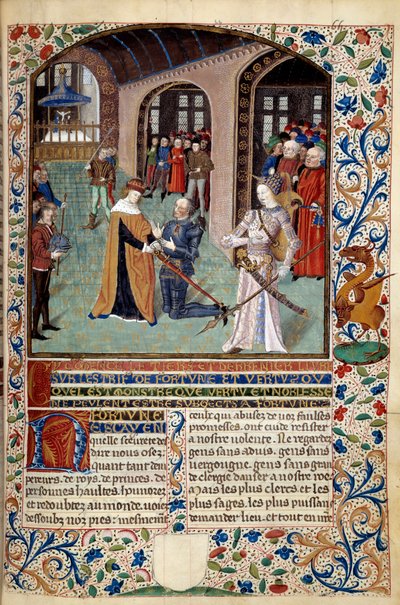 Hyveen allegoria: vasalli osoittaa kunnioitusta herralleen hyveen läsnäollessa. Miniatyyri Martin Le Francin (1410-1461) "Onnen ja hyveen hengestä" 1447-1448, Paris B.N. tekijältä Martin Le Franc