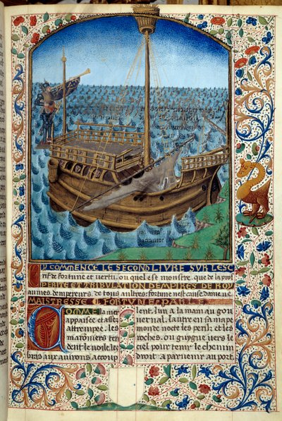 Laivan esitys merellä - Miniatyyri Martin Le Francin (1410-1461) 1447-1448 teoksesta "Onnen ja hyveen henki" - Paris B.N. - Laiva merellä - Pienoismaalaus käsikirjoituksesta "Onnen ja hyveen henki" Kirjailija: Martin Le Franc (1410-1461) tekijältä Martin Le Franc
