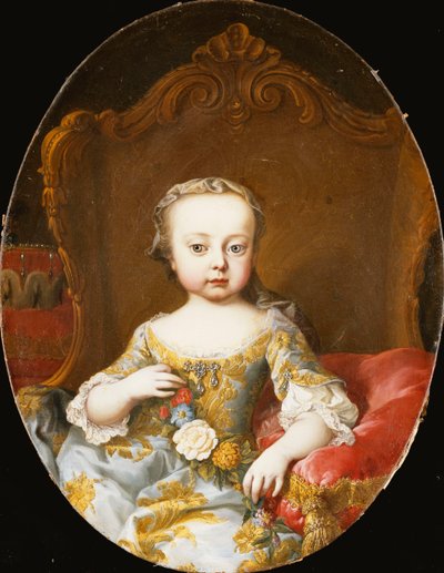Hänen sisarensa, arkkiherttuatar Maria Christinen muotokuva, istuu, kolme neljäsosaa, kullalla brodeeratussa sinisessä mekossa, jossa on kukkaseppele, tekijältä Martin Meytens the Younger