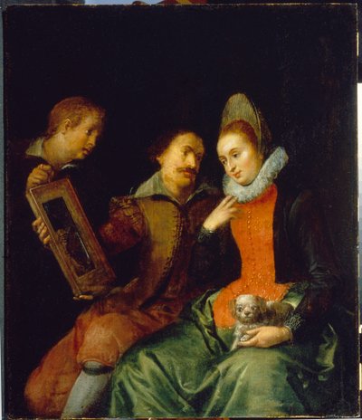 Näön allegoria. Nuori nainen, joka kantaa pientä koiraa, katsoo itseään peilistä, jota pitelevät mies ja teini, jotka katsovat häntä tarkasti. Marten Pepyn (Pepin) (1575-1643) maalaus, öljy kankaalle, 1600-luvun alku, flaamilaista taidetta. Collecti tekijältä Martin Pepyn or Pepin