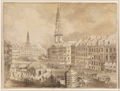 Nytorv ja Gammel Torv Kööpenhaminassa Pyhän Petriksen ja Neitsyt Marian kirkon tornien kanssa tekijältä Martin Rudolf Heland
