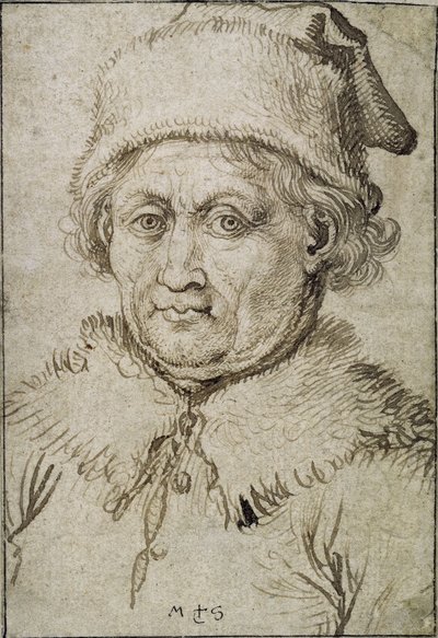 Rinnan mittainen kuva vanhasta miehestä, jolla on turkiskaulus ja hattu. tekijältä Martin Schongauer